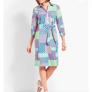 Talbots Colorful Floral Patchwork Dress Size 16p Roll Tab 3/4 Sleeve 100% Cotton